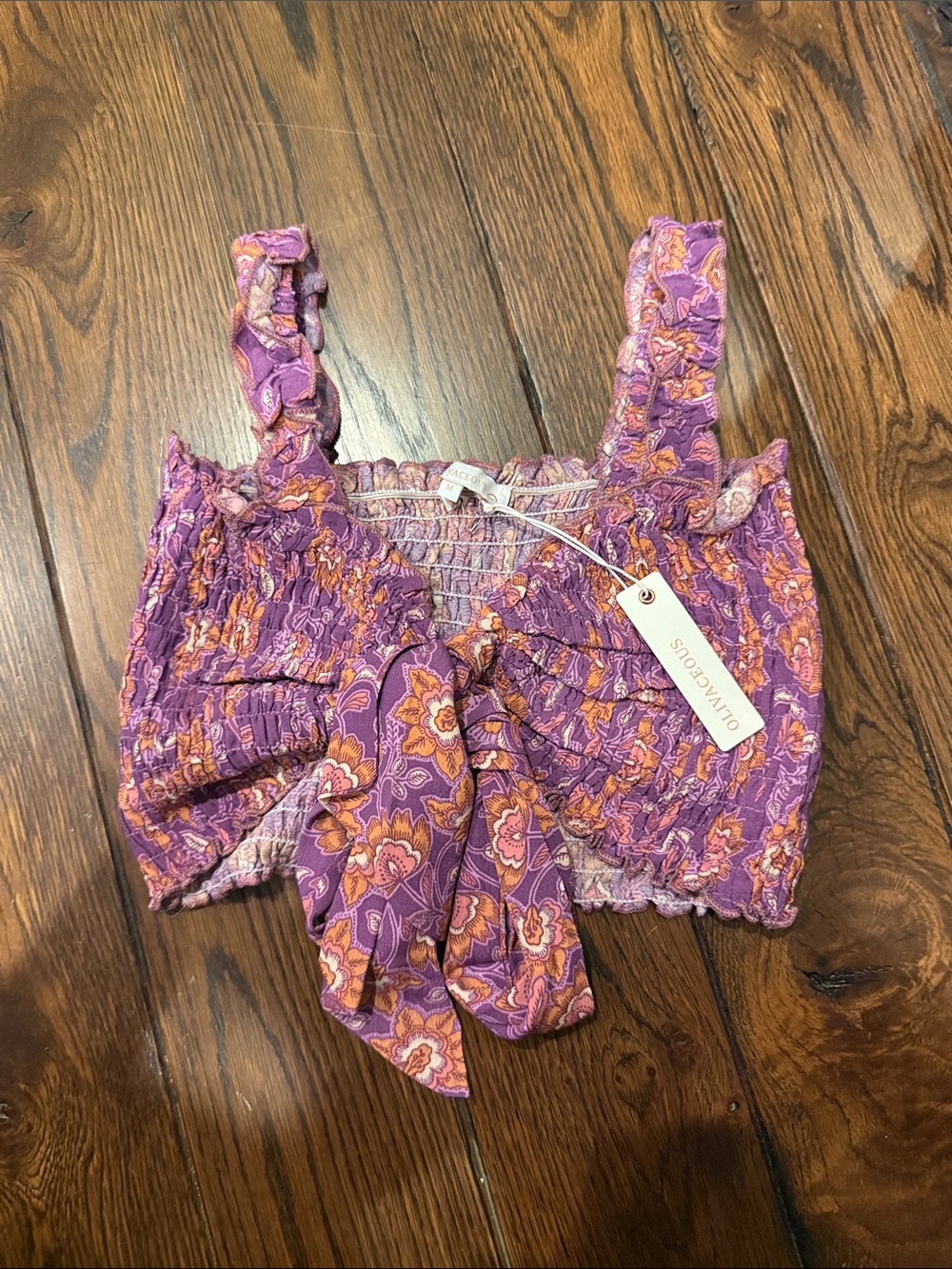 Olivaceous Purple and Orange Floral Smocked Crop Top